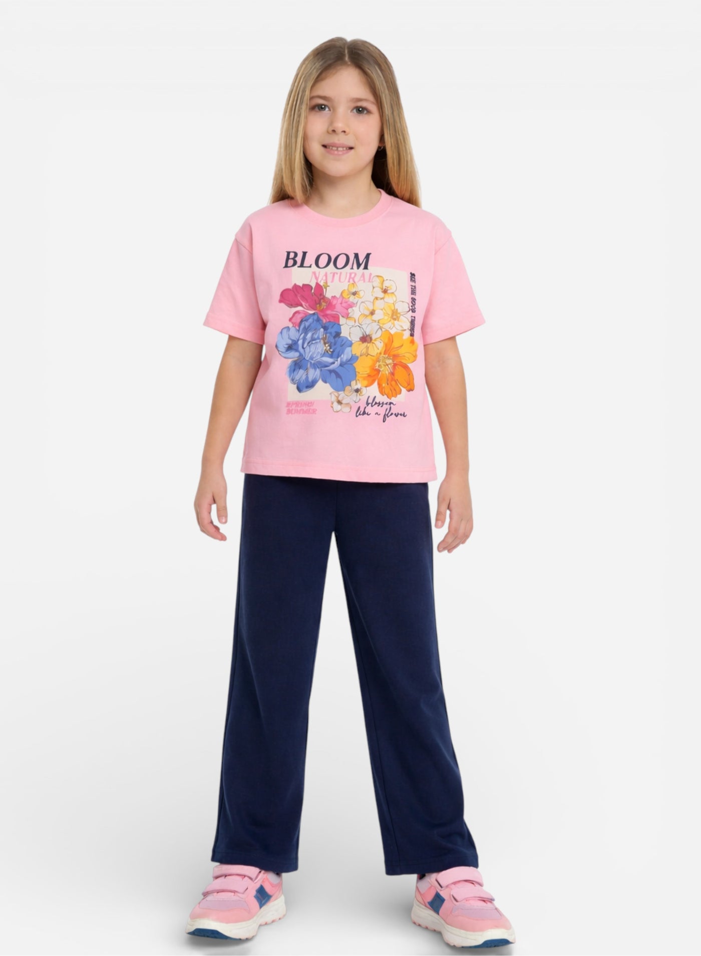 victor and jane Girls Floral Print T-Shirt & Pants Set – Pink & Navy